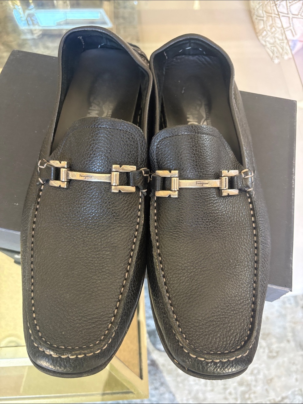 Salvatore Ferragamo Black Pebbled Leather Bit Loafers